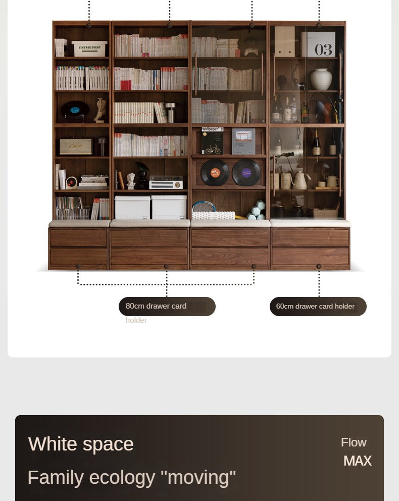 Black Walnut, Oak, Sandalwood, Ash Solid Wood Light Luxury Combined Bookshelf With Seat