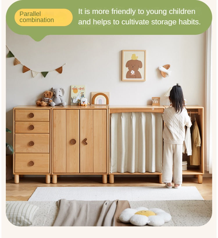 Beech, Rubber Solid Wood Children's Wardrobe,Combination Storage Cabinet