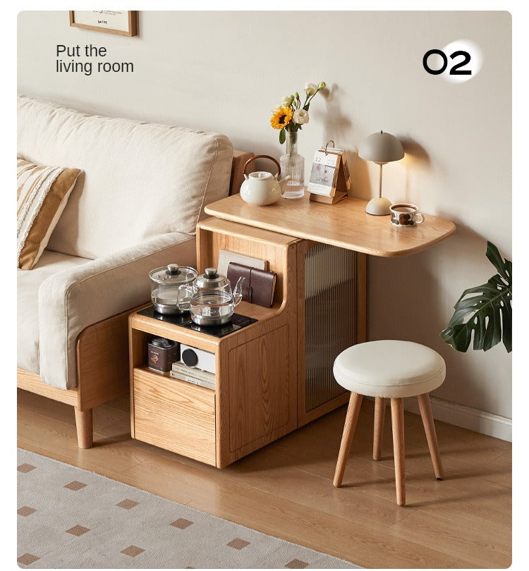 Oak, Black Walnut Solid Wood Movable Tea Cabinet With Tea Maker