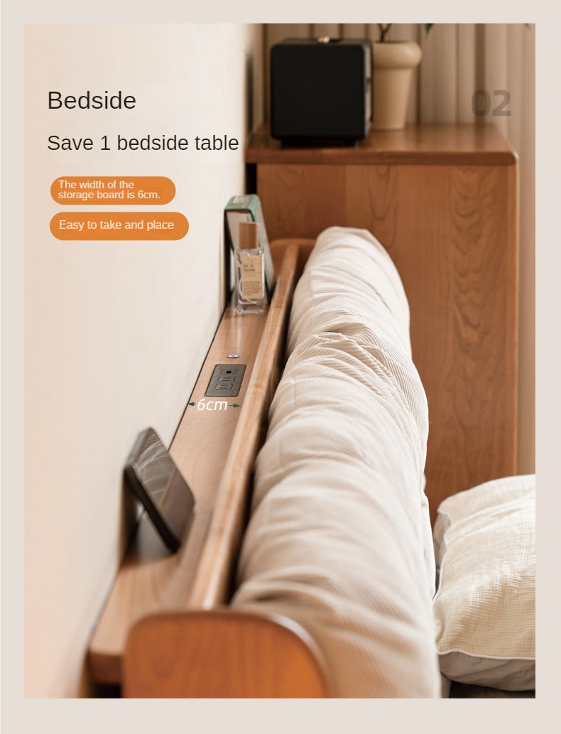 Cherry Solid Wood Box Bed Top Genuine Leather, Corduroy Suspended Bed