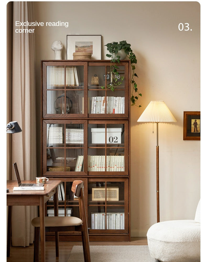 Black Walnut, Oak Solid Wood Sliding Door Bookcase
