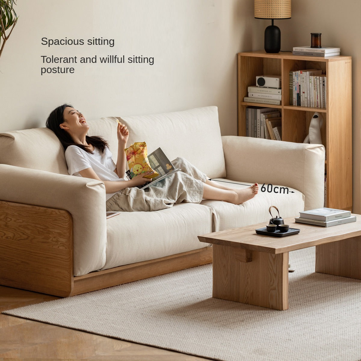 Oak Solid Wood Down Fabric Sofa.