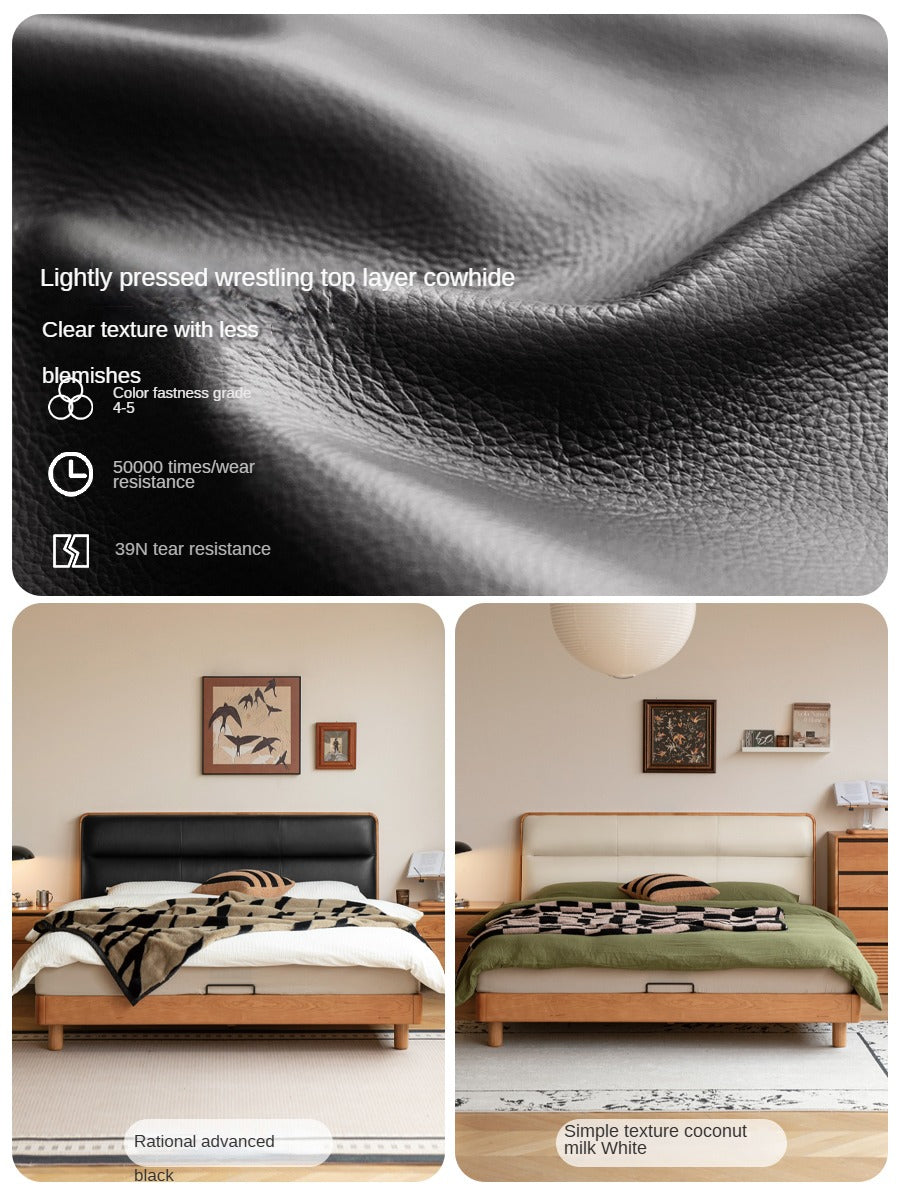 Cherry Solid Wood Bed with Retro Edge and Soft Headboard