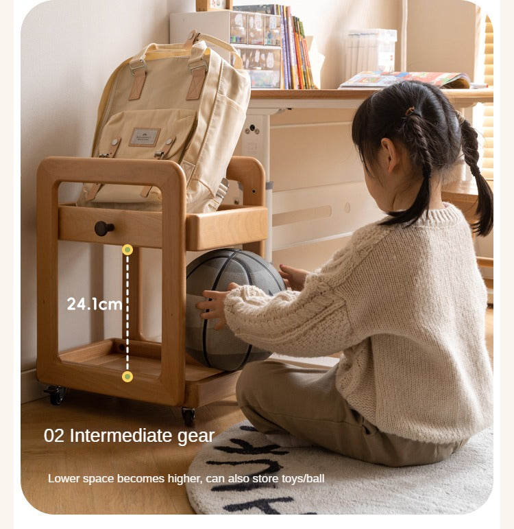 Beech, Rubber Solid Wood Children's Under-the-Table Mobile Modern Storage Rack