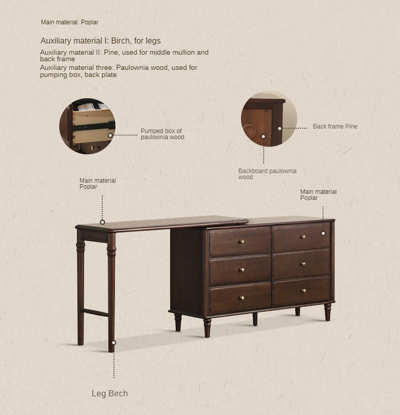 Black Walnut, Poplar, Ash Solid Wood American Retro Retractable Vanity Table.