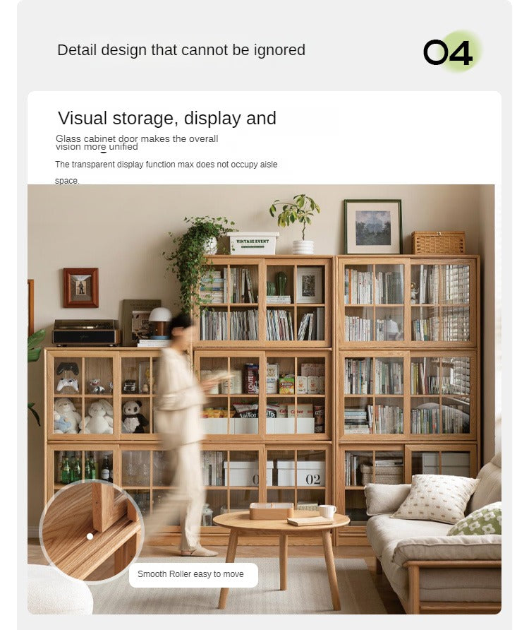 Oak Solid Wood Bookcase Floor to Floor Free Combination Sliding Door