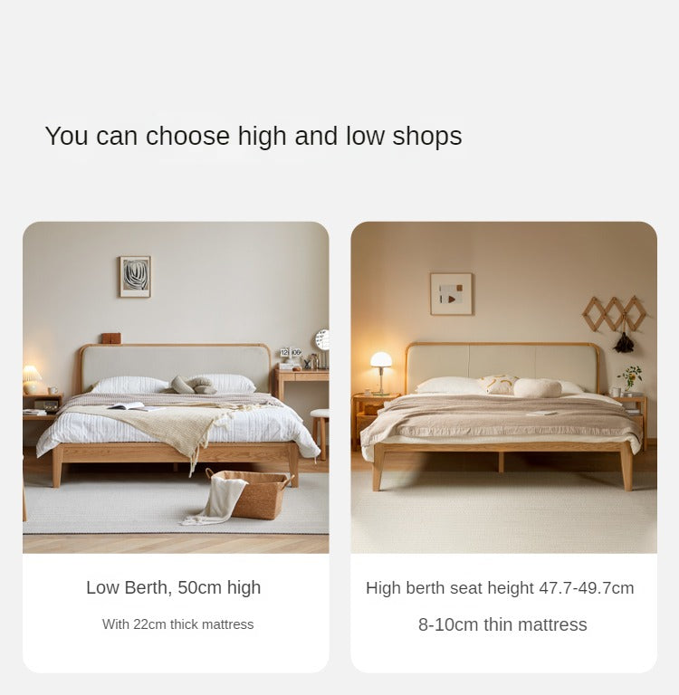 Oak Solid Wood Bed Modern Genuine Leather,Technology Cloth, Fabric