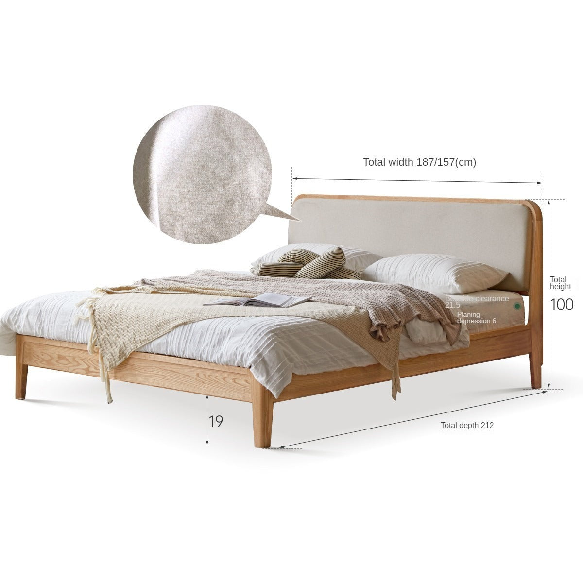 Oak Solid Wood Bed Modern Genuine Leather,Technology Cloth, Fabric