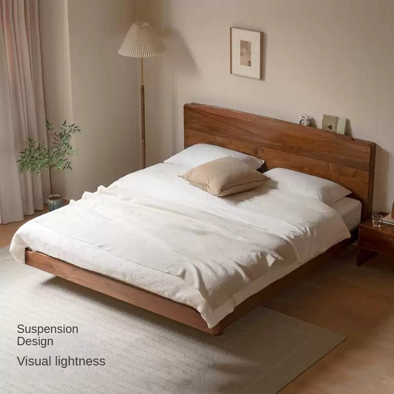 Black Walnut, Ash Solid Wood Big Bed with Light
