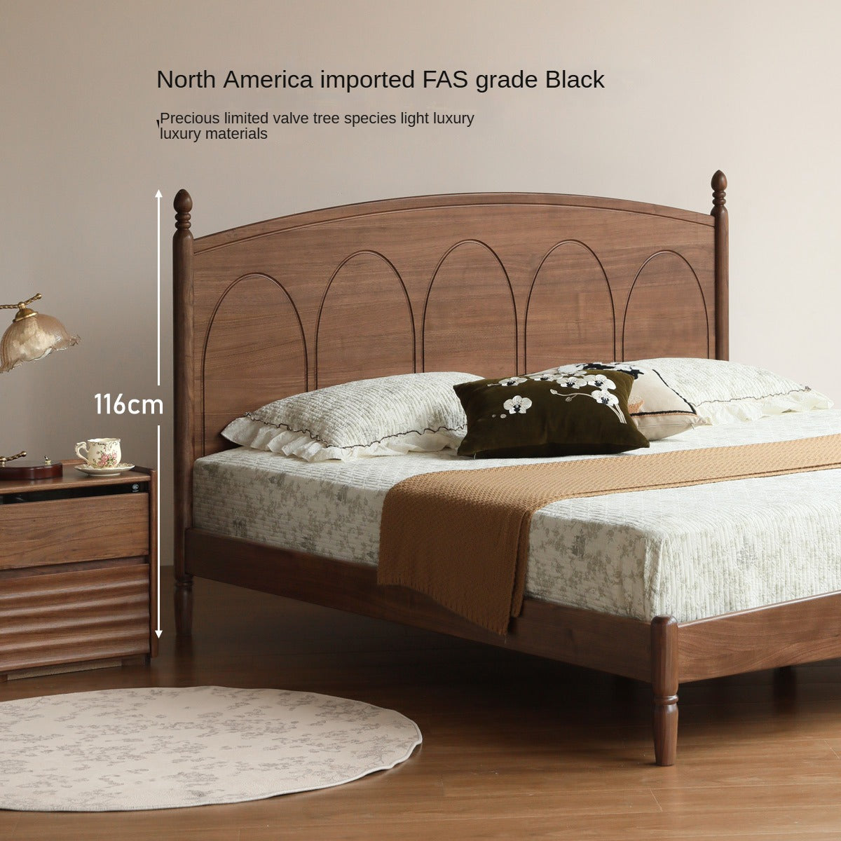 Black Walnut, Poplar Solid Wood Big Bed Retro French