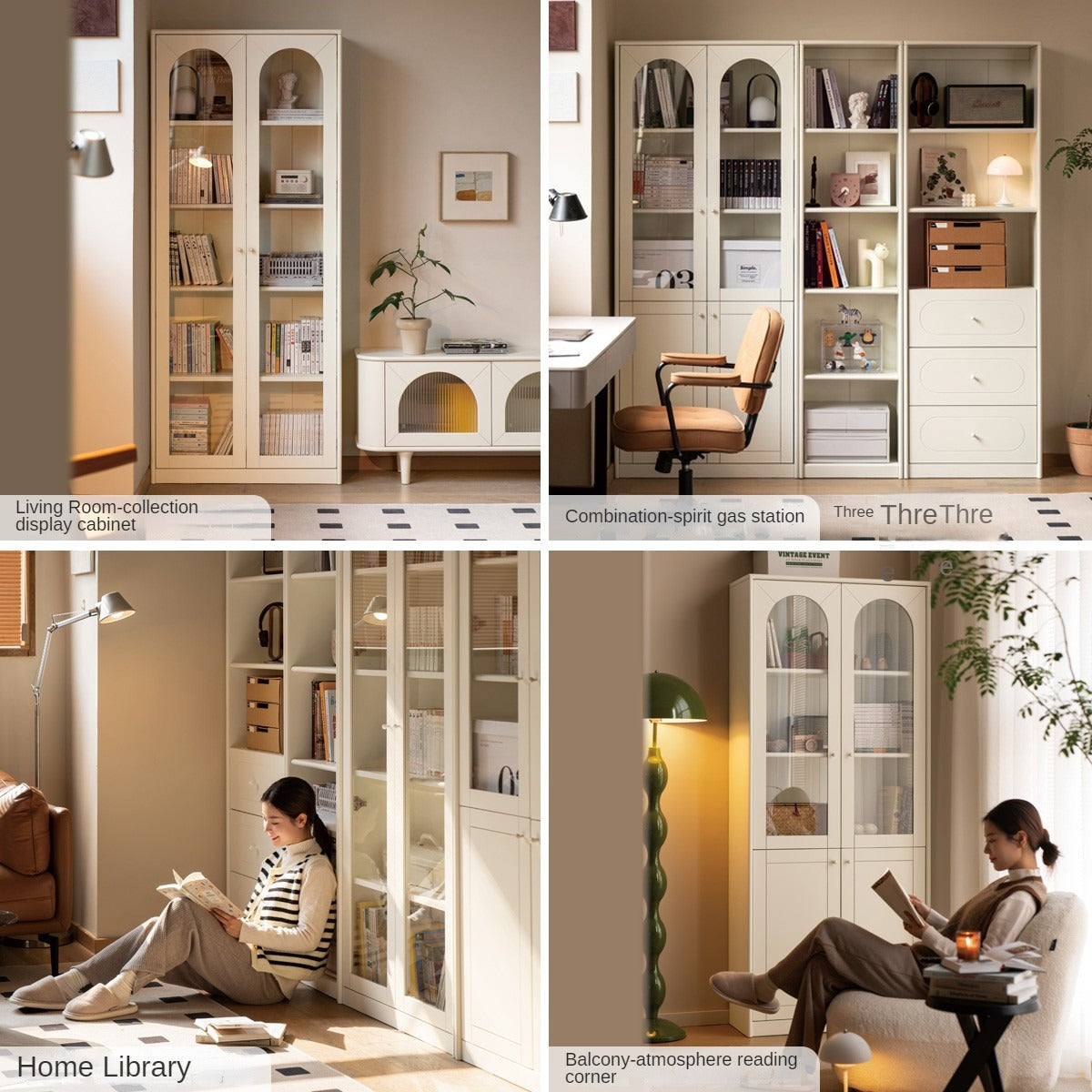 Poplar Solid Wood Bookcase White With Glass Door Whole Wall Combination French Cream Style
