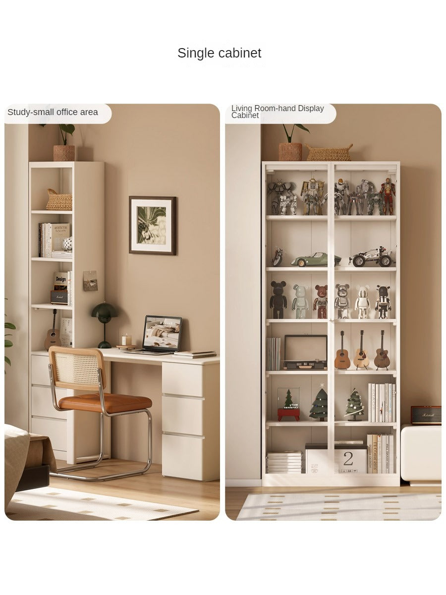Poplar Solid Wood Combination Bookshelf Wall-To-Ceiling Bookcase Glass Door Display Cabinet Cream Style<