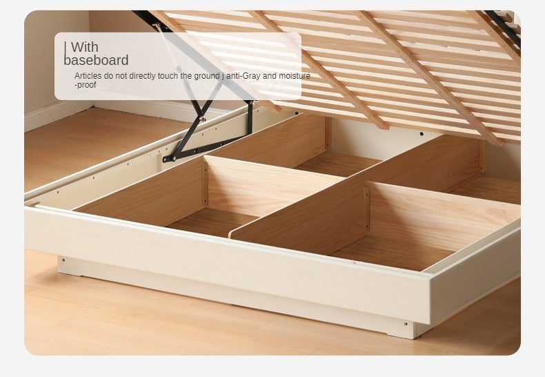 Oak, Rubber Wood Solid Wood Cream Technical Fabric Suspended Box Storage Bed