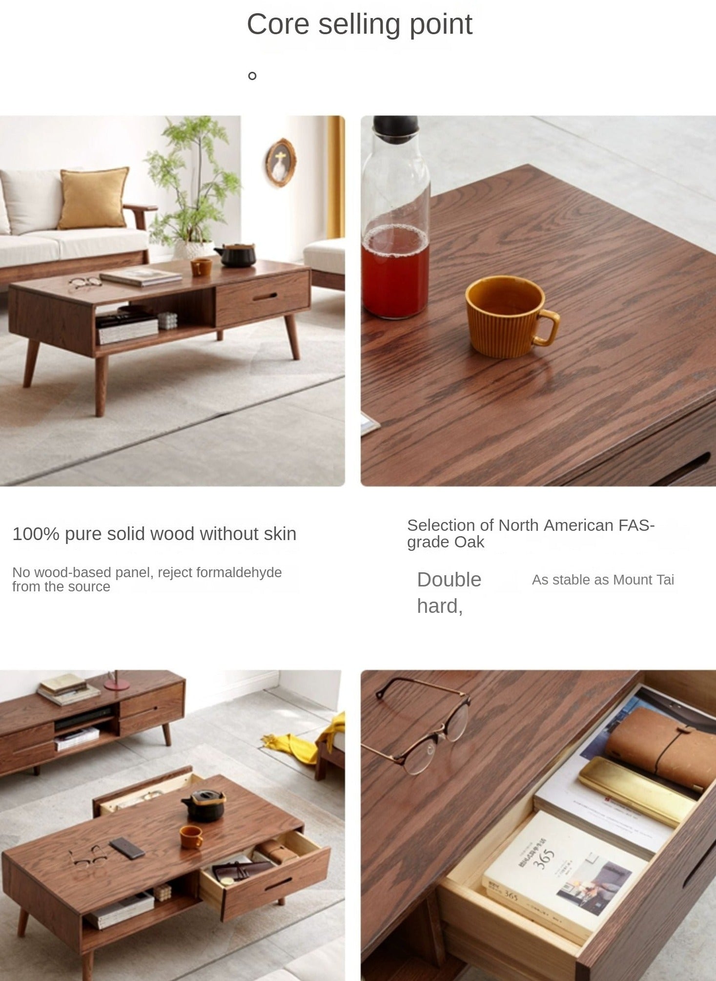 Oak, Solid Rubberwood Two-Drawer Coffee Table Walnut Color