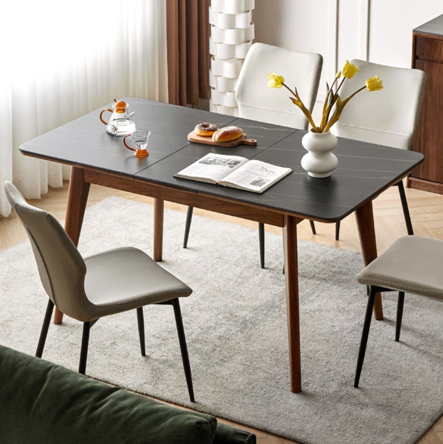 Black Walnut, Ash Solid Wood Telescopic Rock Slab Dining Table