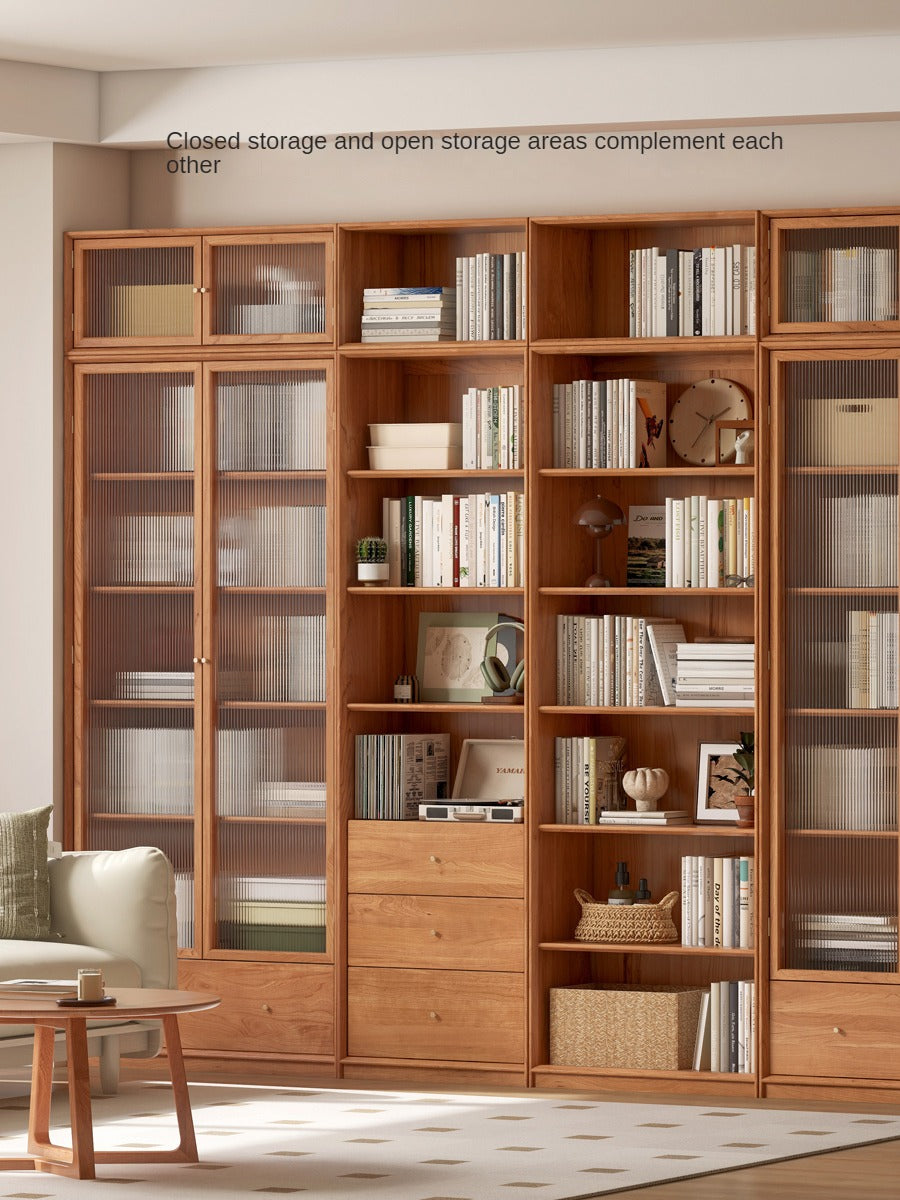 Cherry Wood Combination Bookcase Floor Shelf Glass Door Bookcase