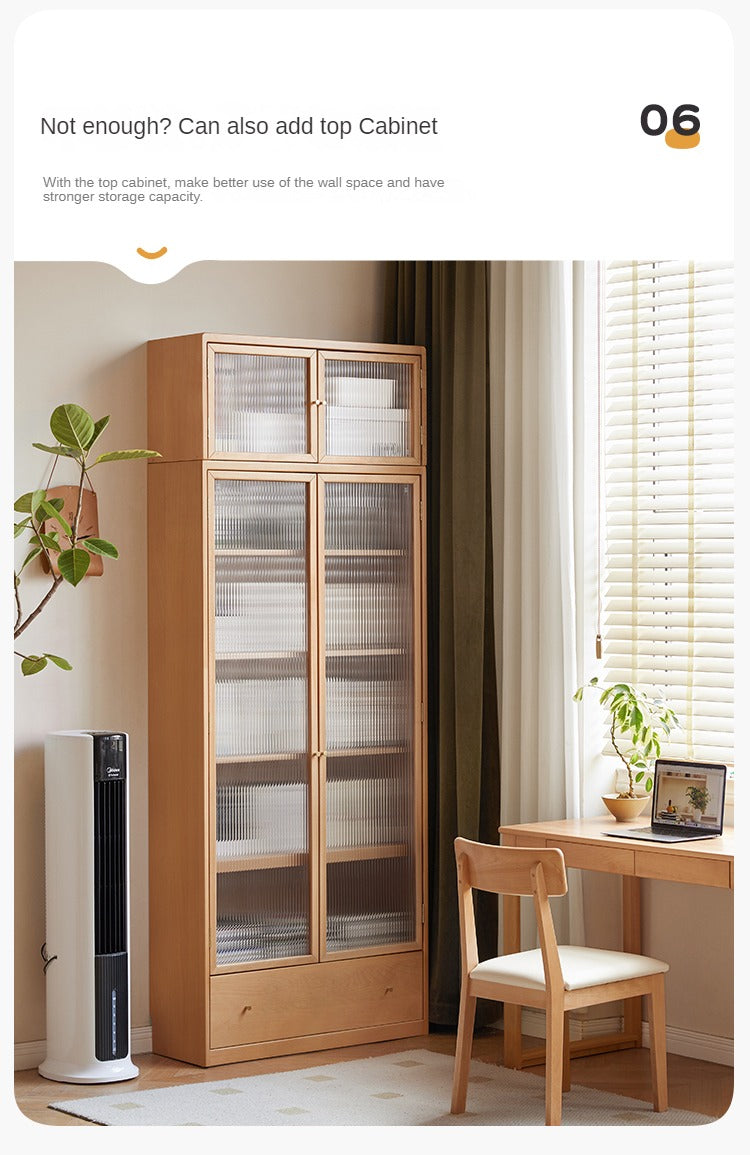 Beech European Solid Wood Bookshelf, Glass Door Storage Display Cabinet