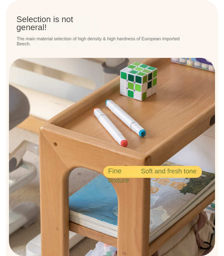 Beech Solid Wood Children's Under-Table Bookshelf with Wheels