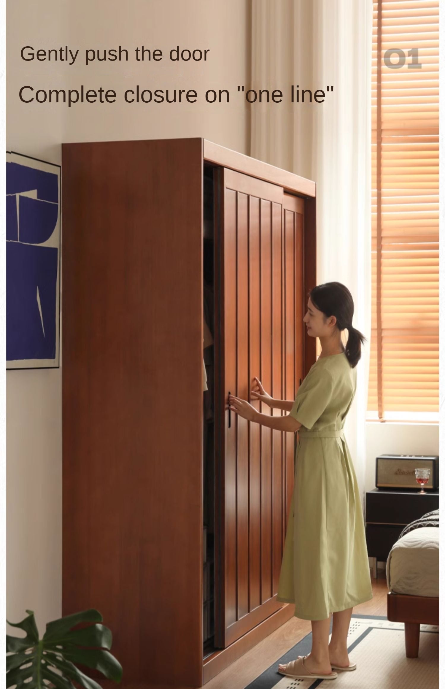 Poplar Solid Wood Wardrobe Retro Sliding Door Wardrobe.