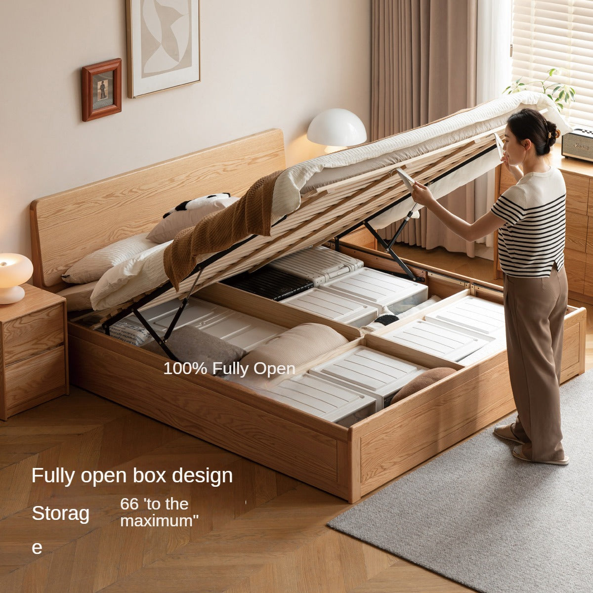 Oak,Rubberwood Solid Wood Box Simple Bed Log Style