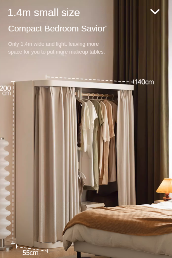 Poplar Solid Wood White Cream Walk-in Curtain Wardrobe.