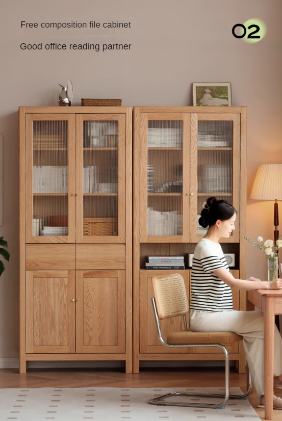 Oak Solid Wood Bookcase With Glass Door.