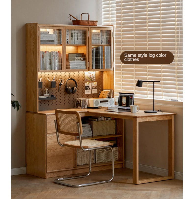 Oak Solid Wood Desk Bookshelf Integrated Corner Table