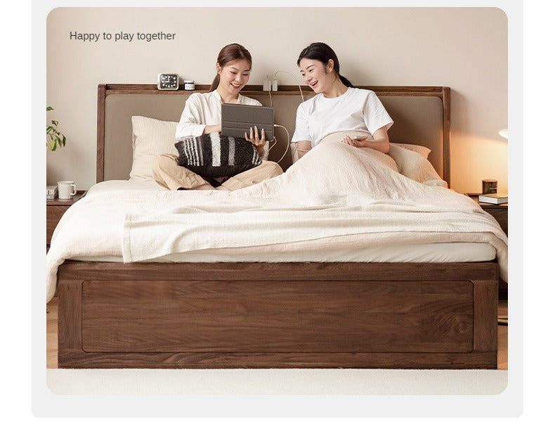 Black Walnut Solid Wood leather soft Drawer Box Bed Nordic