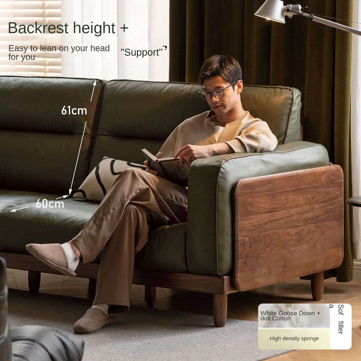 Black Walnut, Ash, Solid Sandalwood Wood Sofa with Genuine Top-Grain Yellow Cowhide Leather,fabrics