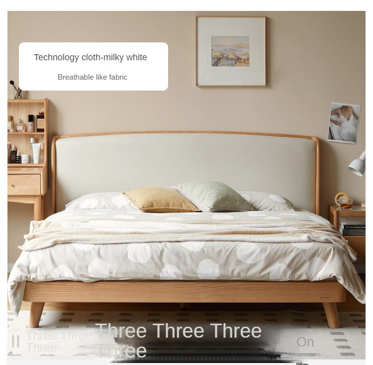 Oak Solid Wood Genuine Leather, Tech Fabric Bed