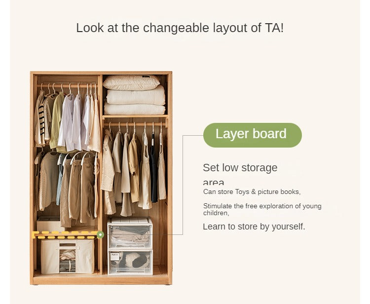 Oak Solid Wood Children's Sliding Door Wardrobe