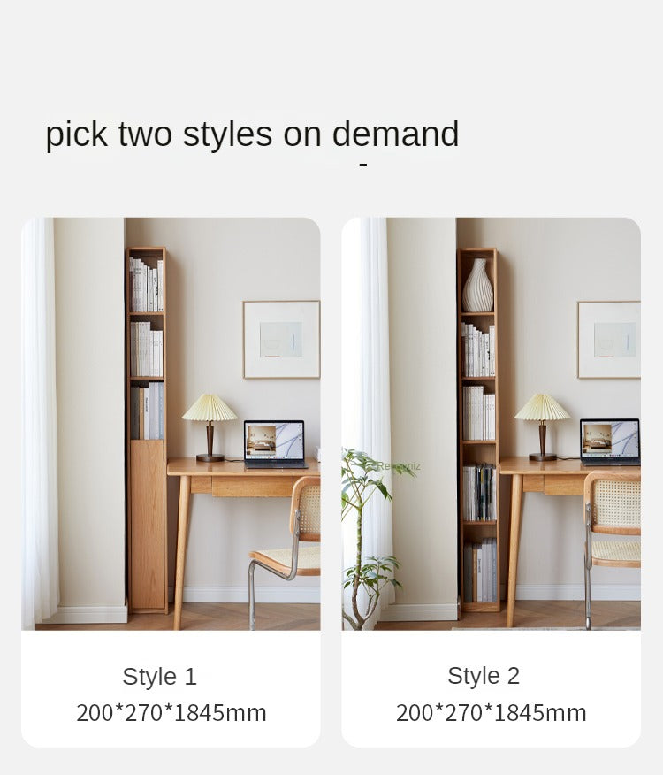 Oak, Rubber Solid Wood Ultra Narrow Bookcase