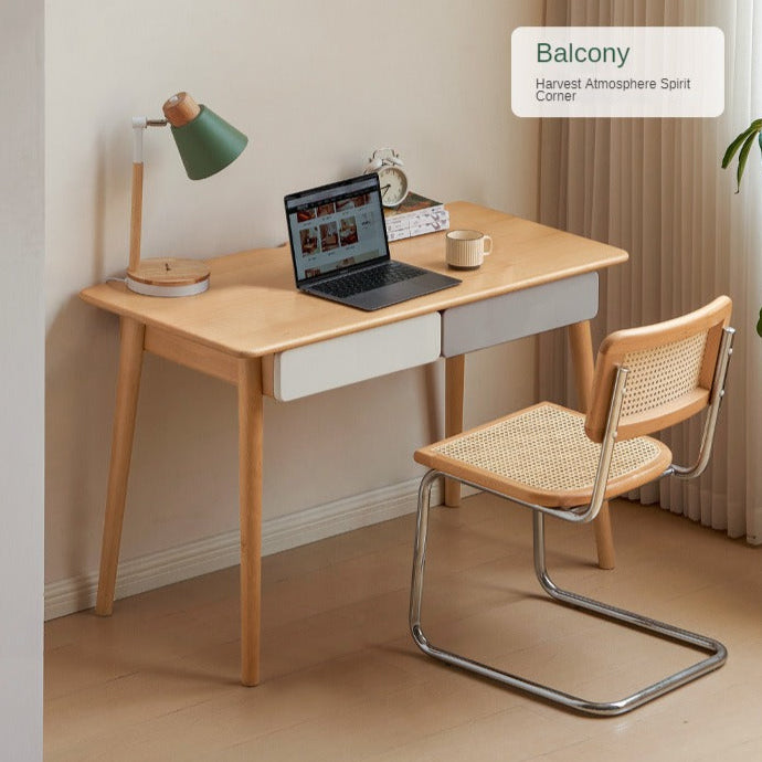 Beech Solid Wood Office Desk with 2 Drawers