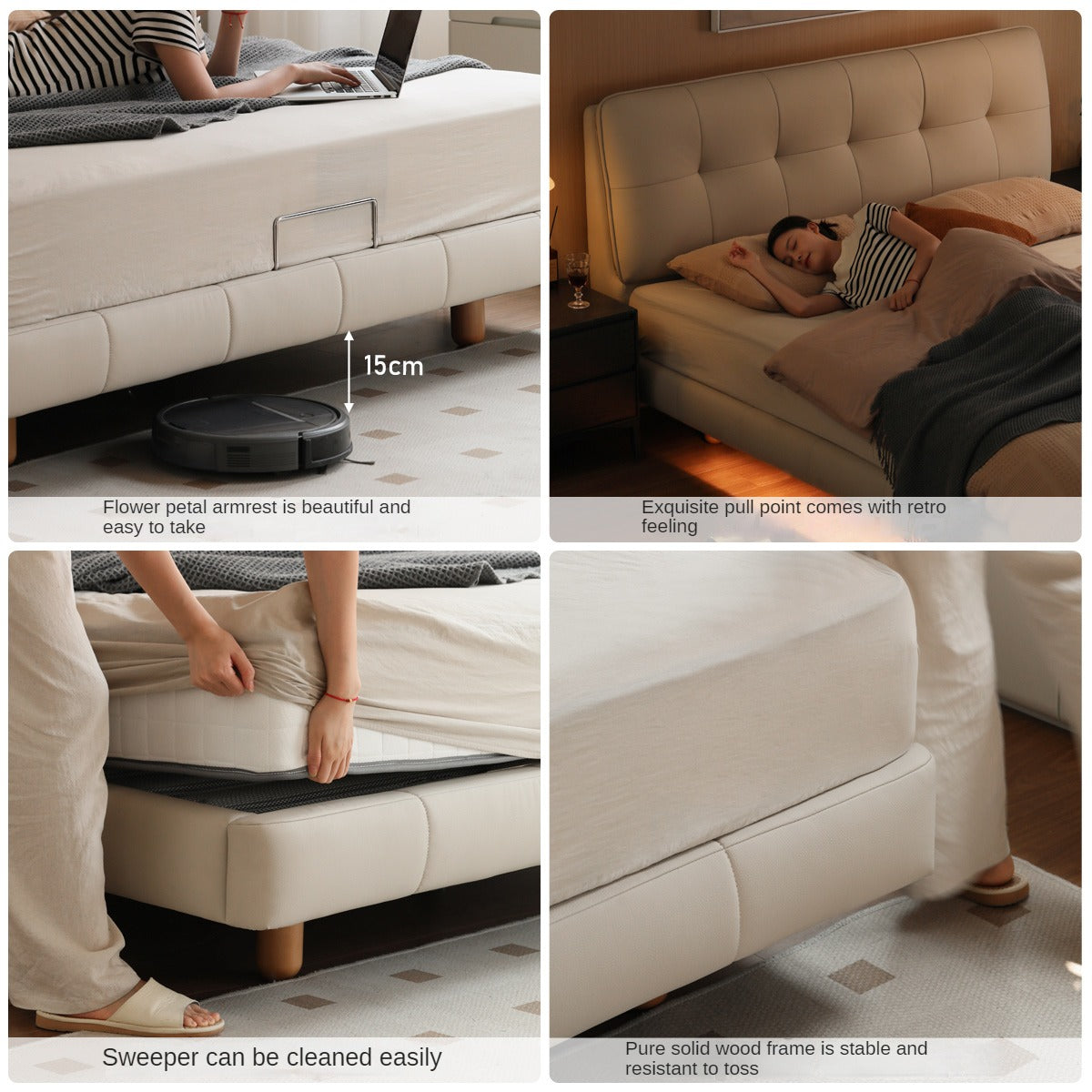 Fabric Genuine Leather Soft Bed Puff Cream Style with Light Bed