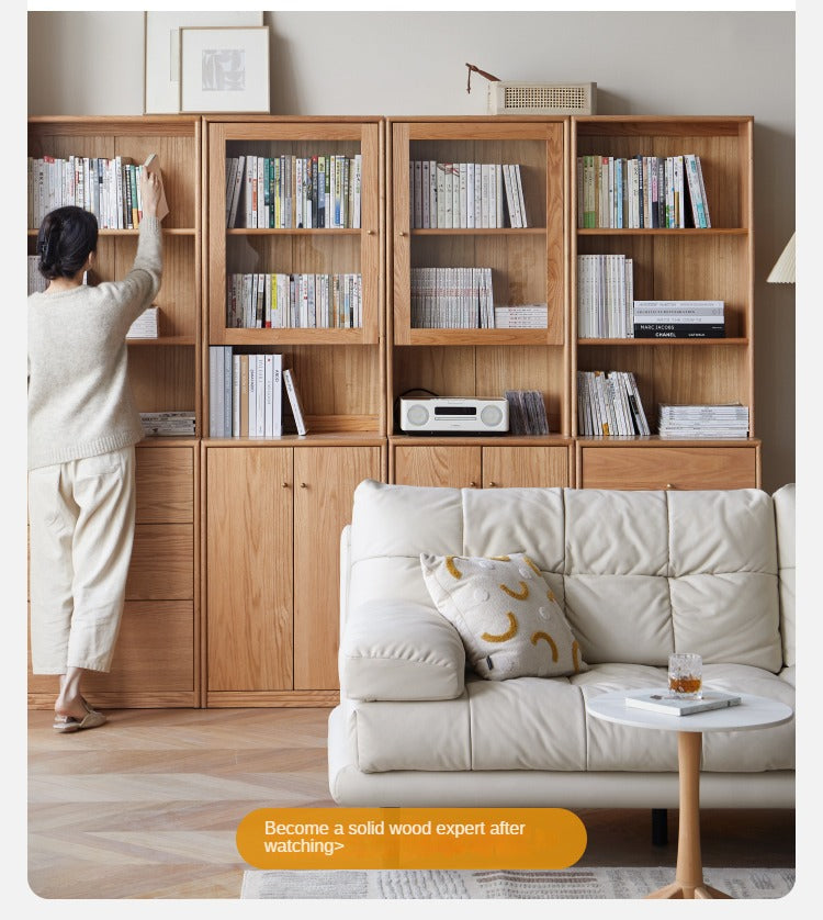Oak Solid Wood Floor-To-Ceiling Combination Bookshelf, Glass Bookcase