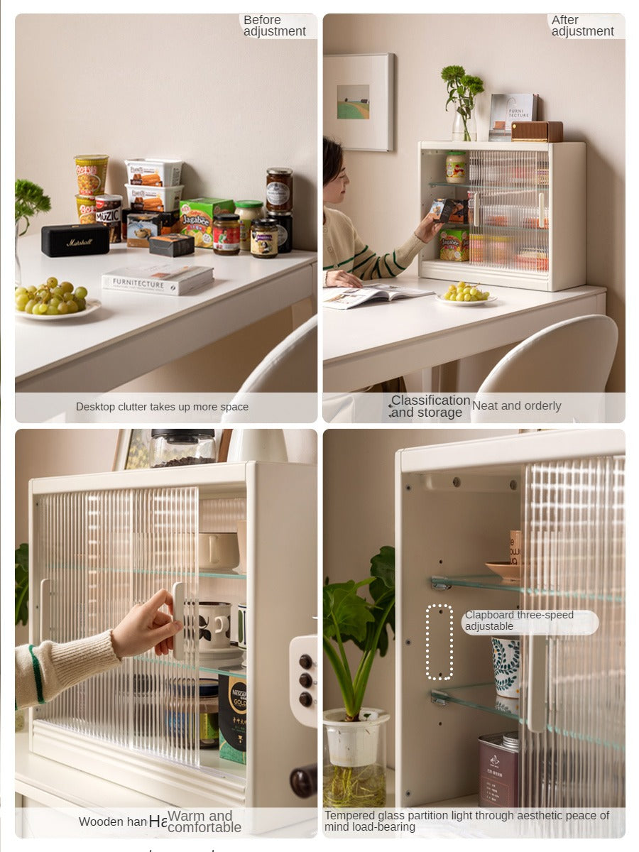 Solid Rubberwood Desktop Storage Cabinet Glass Sliding Door