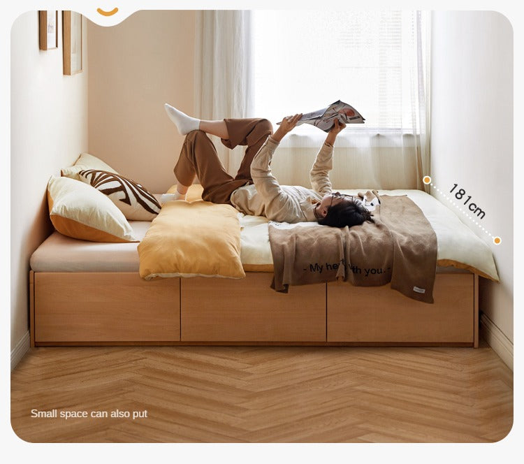 European Beech solid wood platform bed, headboard-free bed with drawer box bed.