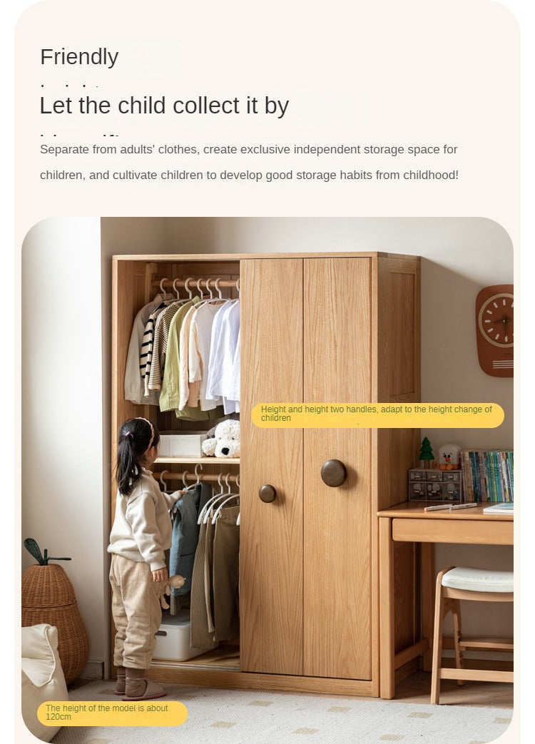 Oak Solid Wood Children's Sliding Door Wardrobe