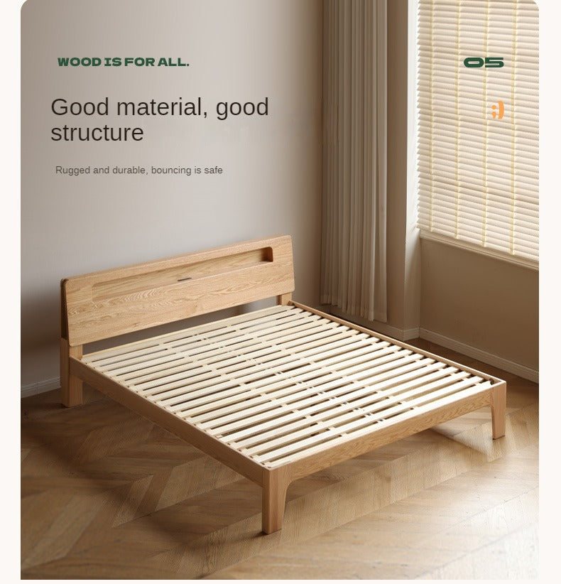 Oak, Beech Solid Wood With Light And Bookshelf Bed