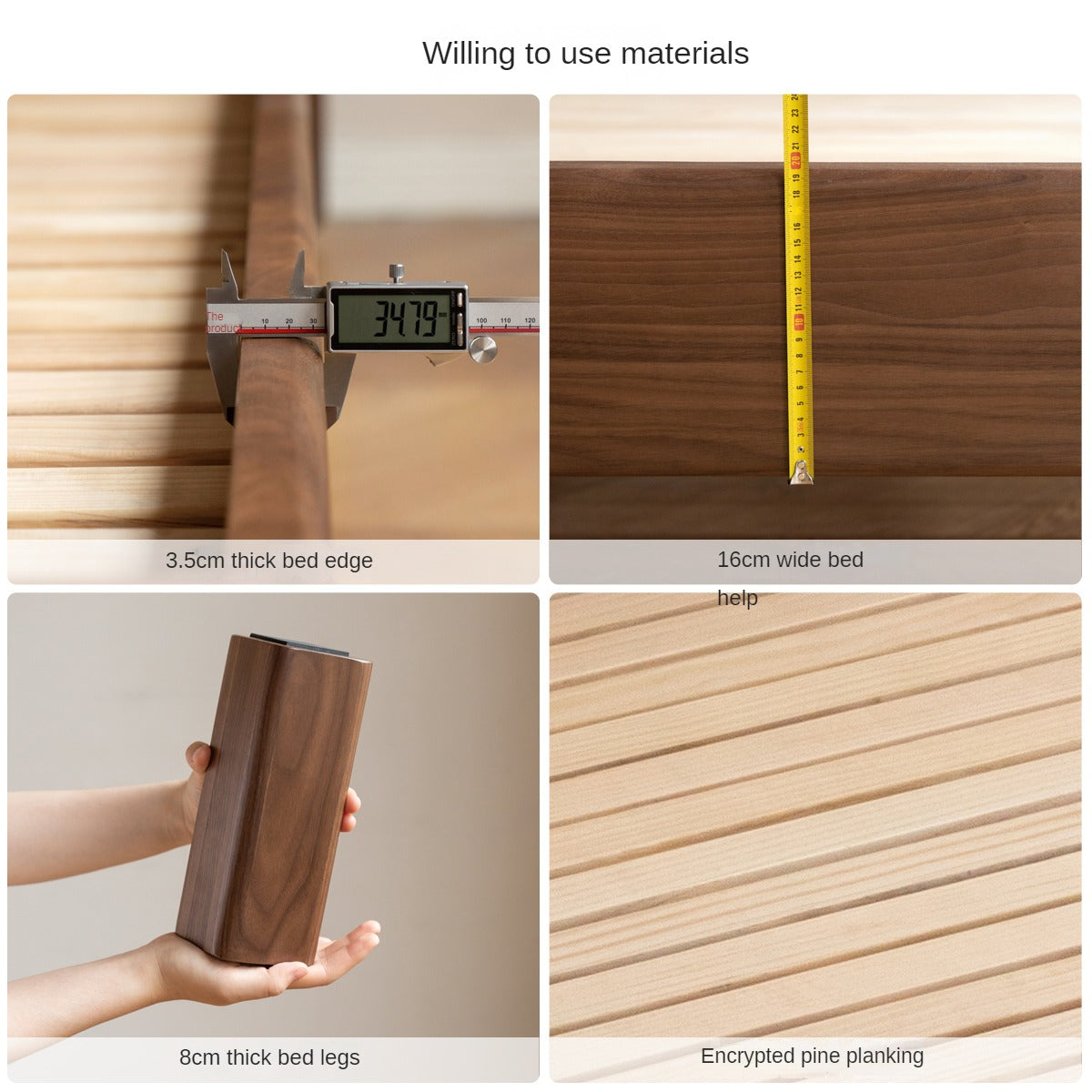 North American Black Walnut, Ash Solid Wood Bed Simple High Head.