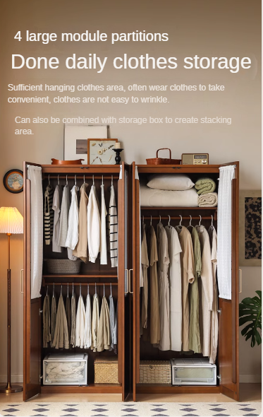 Poplar Solid Wood Modern Retro Style Double Door Wardrobet.