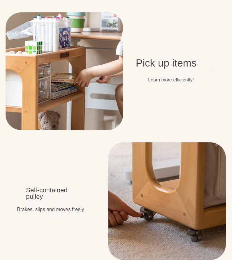 Beech Solid Wood Children's Under-Table Bookshelf with Wheels