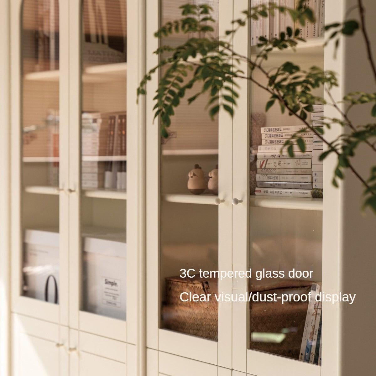 Poplar Solid Wood Bookcase White With Glass Door Whole Wall Combination French Cream Style