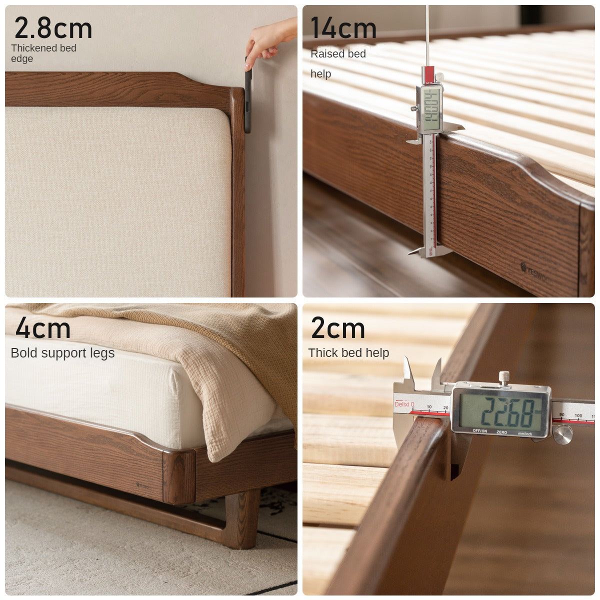 Oak, Rubberwood Solid Wood Leather Soft Bed