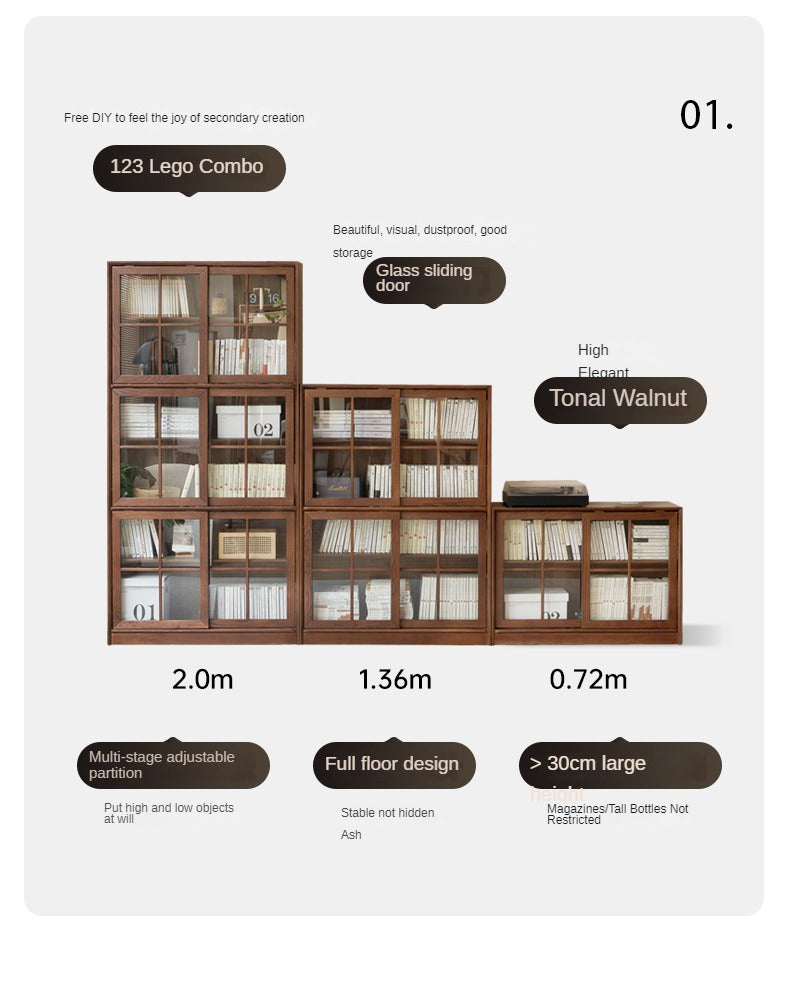 Black Walnut, Oak Solid Wood Sliding Door Bookcase