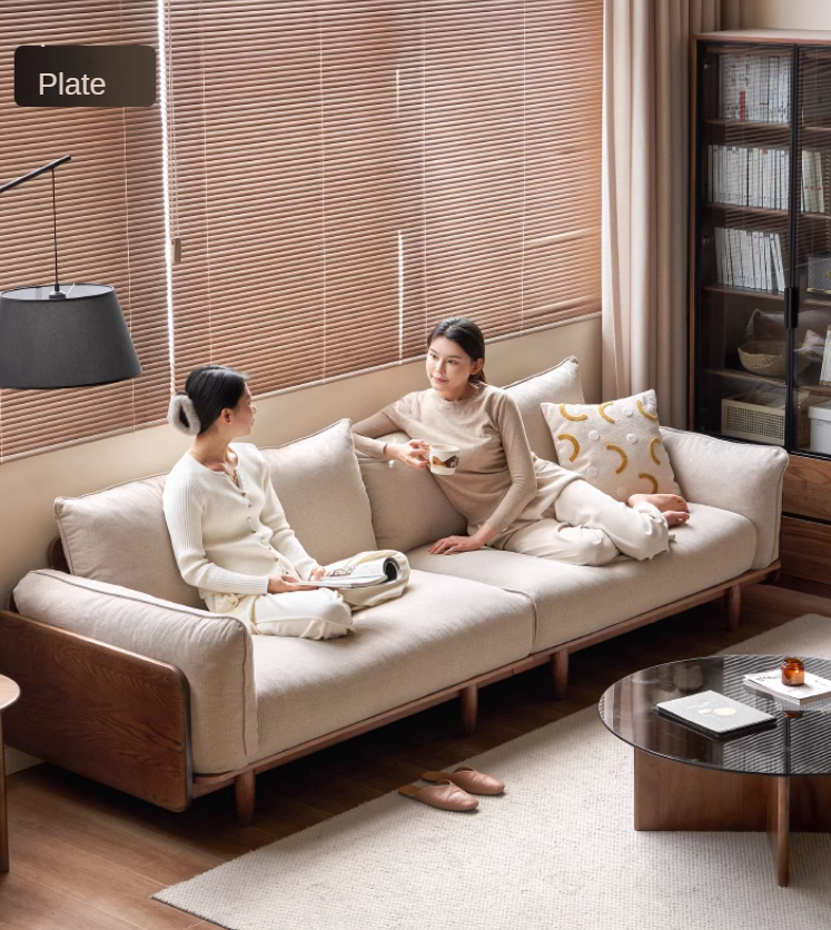 Oak Solid Wood Leather, Fabric Straight Sofa.