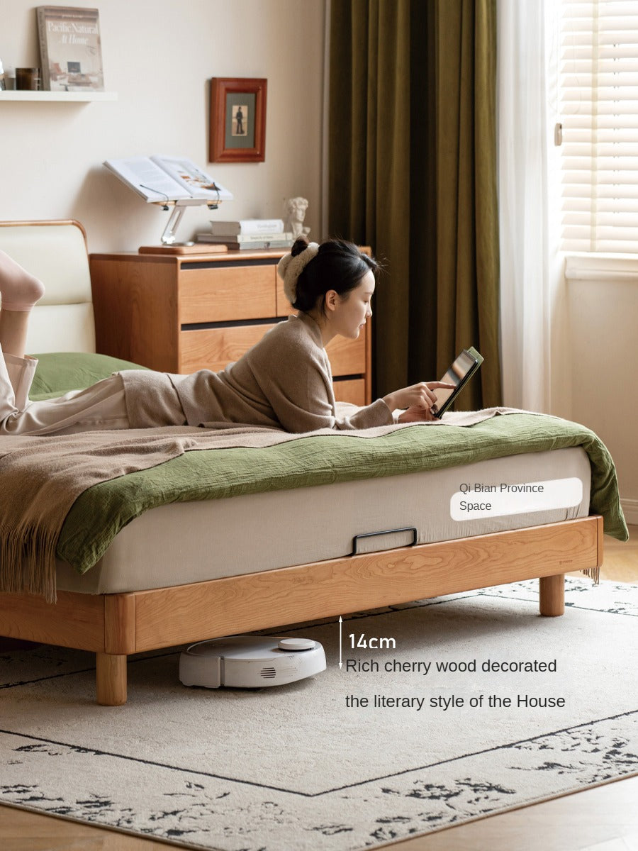 Cherry Solid Wood Bed with Retro Edge and Soft Headboard