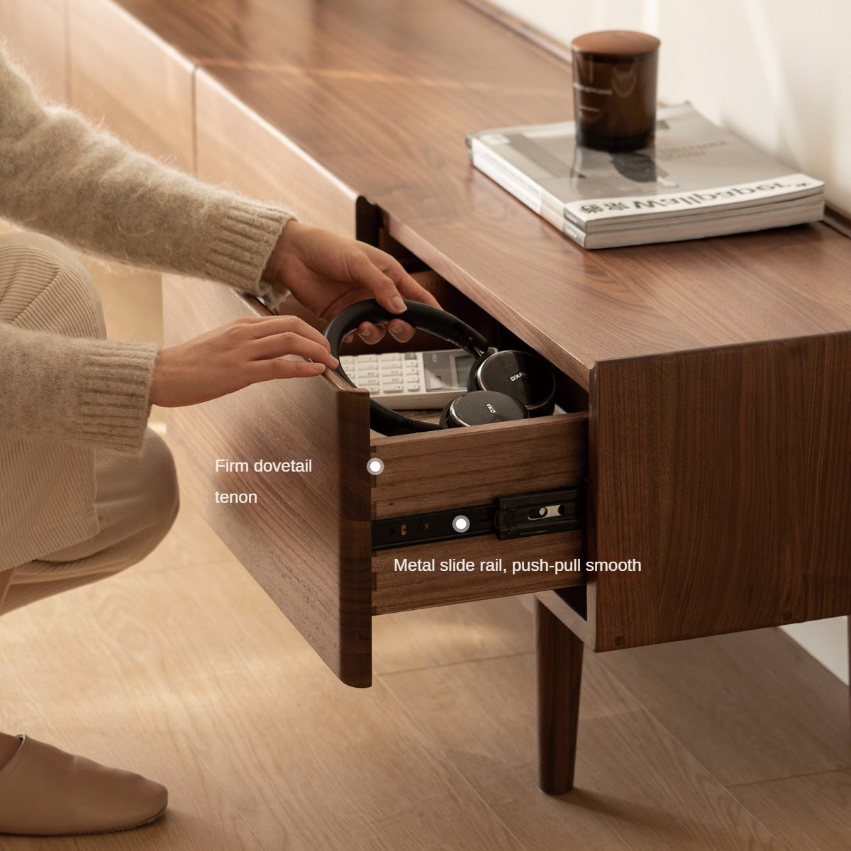 Black Walnut Solid Wood TV Cabinet, Modern and Minimalist-