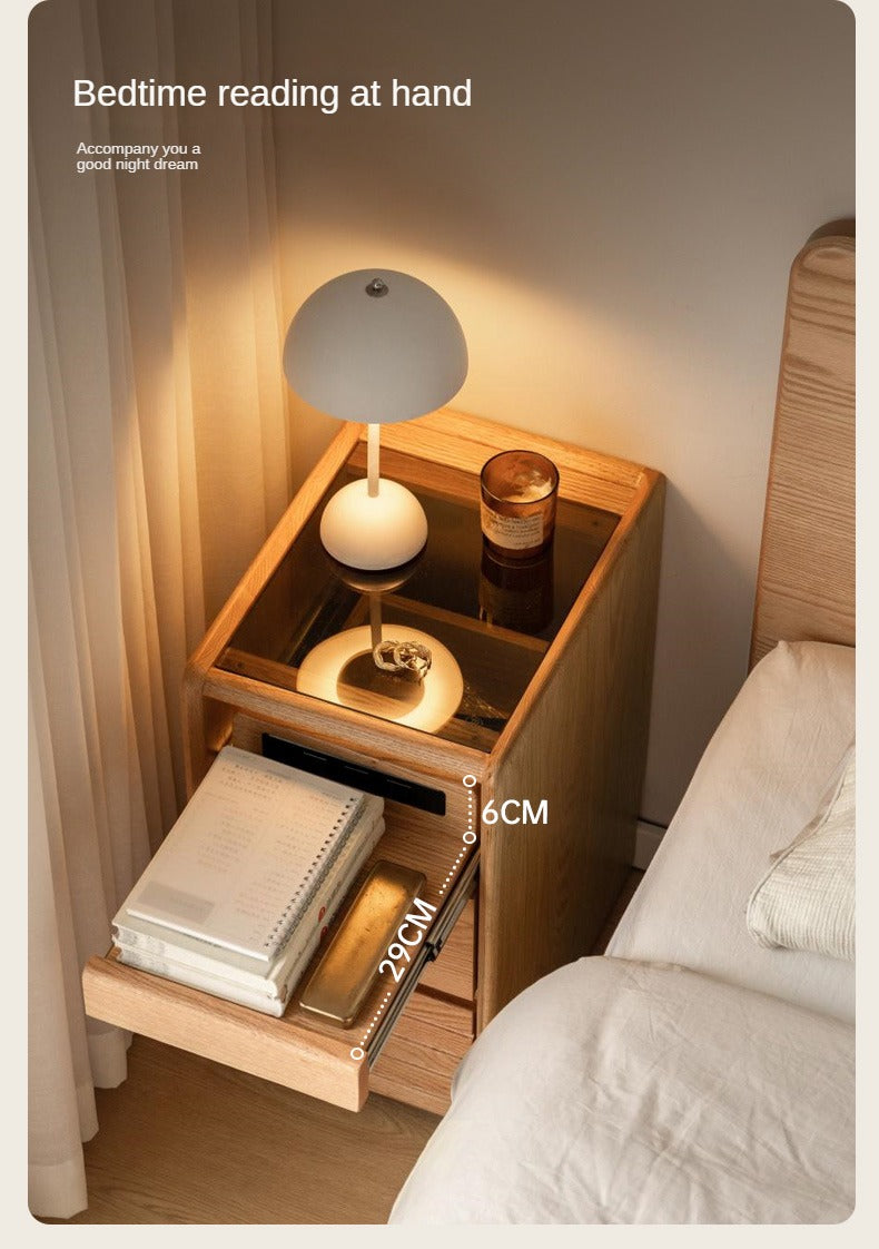 Ash, Oak Solid Wood Movable Glass Small Nightstand