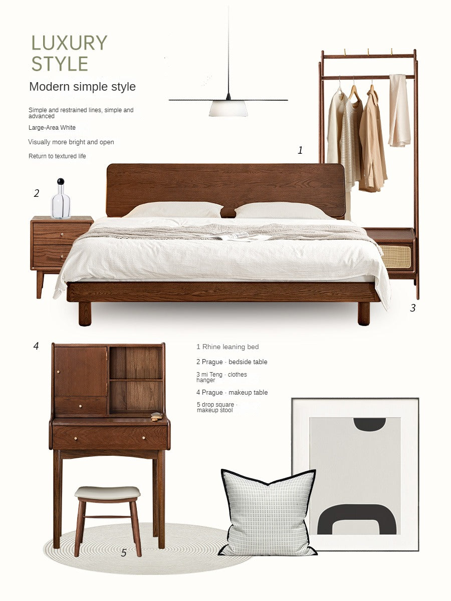 Oak Solid Wood Bed with Light, Storage Space